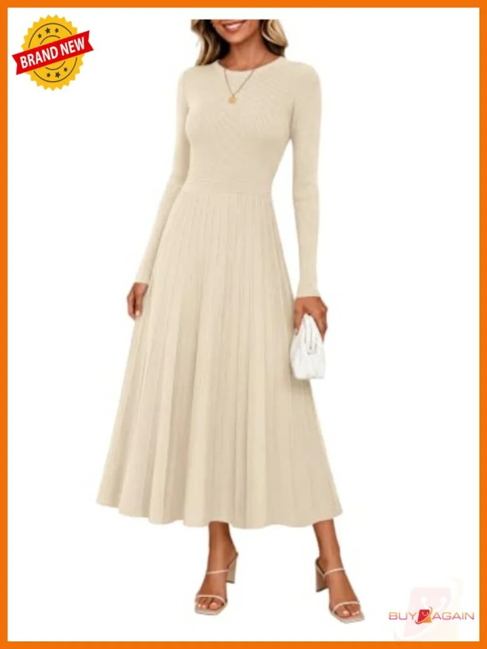 Ribbed Knit Midi Sweater Dress Long Sleeve Crewneck A-Line Fall Winter